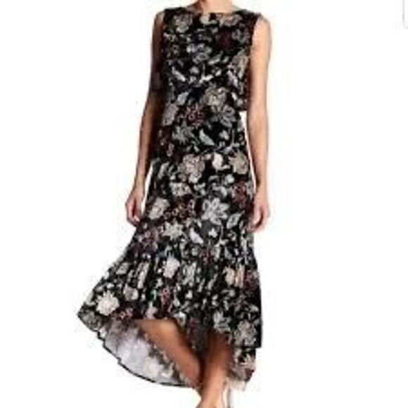 NWT $396 Eva Franco 10 M Velvet Floral Hi Lo Ruffle Maxi Dress - Picture 1 of 8